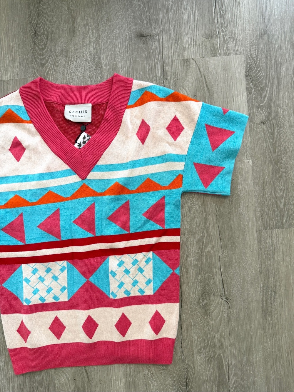 Cecilie Copenhagen Womens Short Sleeve Sweater Geometric NWT Small